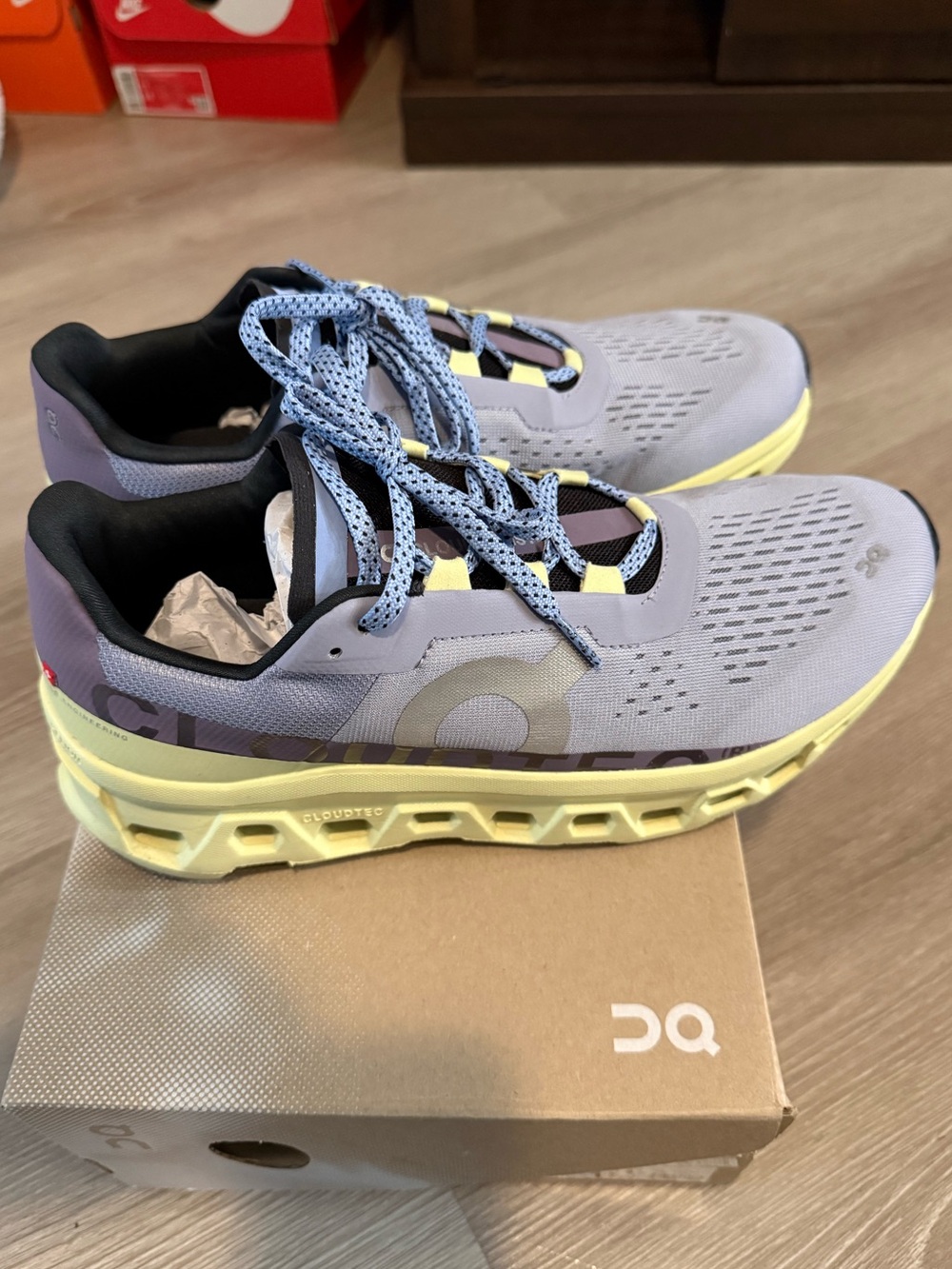 On Cloud Cloudmonster Running Shoes in Nimbus Hay/Lavender and Pale Yellow